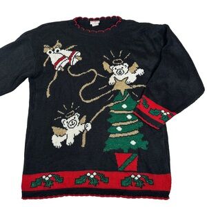 Christmas sweater vintage 80s 90s Festive Black Angel Tree bear Grandmacore